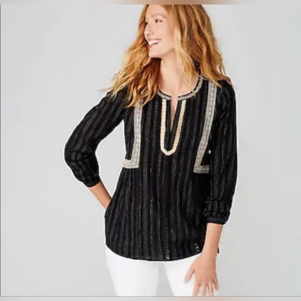 J. Jill Embellished Crinkle Peasant Top Blouse Size Medium Black Embroidered